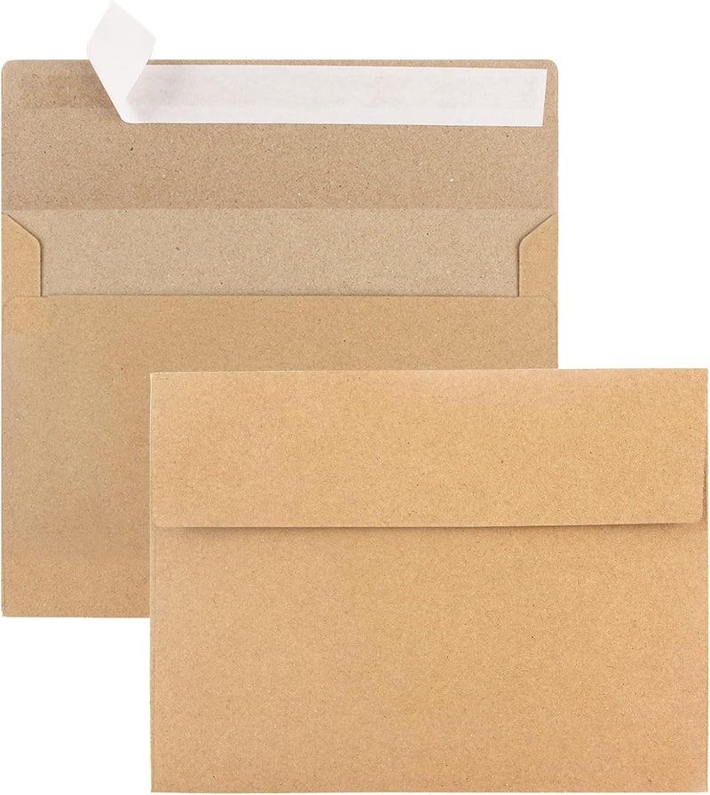 xflyxin 100 Packs A9 Kraft Envelopes, 5-3/4 x 8-3/4 for Invitations, Photos, Postcards, Greeting Cards, Mailings - Printable, Self-Sealing Wedding Envelopes (Brown) - Image 1